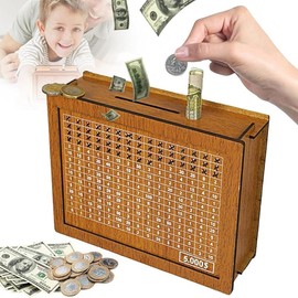 Cash Vault Wooden Savings Box, 2025 New Wooden Cash Saver Box with Money Target & Numbers, Cash Saving Box Coin Counter Piggy Bank, Cash Saver Money Box with Counter (10000) - Color: 5000