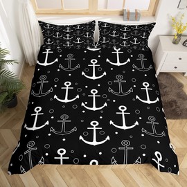 Anchor Duvet Cover Queen Size Black and White Comforter Cover with 2 Pillowcase for Teens Adults Kids Nautical Theme Bedding Set Anchor and Polka Dots Breathable 3 Pieces Decorative Bed Cover