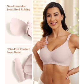 POSESHE Women's Seamless Bra Wireless Push Up Support Bra Comfort Full Coverage Bra V Neck Sleep T-Shirt Everyday Bralettes Pink