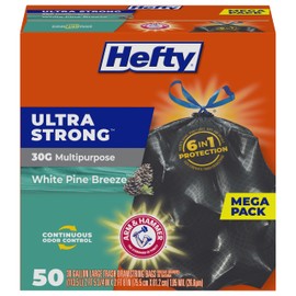 Hefty Ultra Strong 30 Gallon Trash Bags, Large Trash Bags 30 Gallon Size, Multipurpose, Break Resistant Drawstring Closure, Resists Leaks, Punctures, and Tears, Black, White Pine Breeze Scent, 50 Bags
