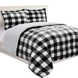 Elegant Comfort 3-Piece Buffalo Lodge-Plaid Comforter Set, Luxurious, Heavyweight, All Season, Down Alternative-Micromink Sherpa-Backing Reversible Micro-Suede, Soft and Plush, King, Black/White