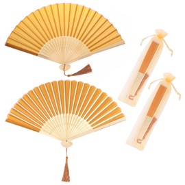 Vaktop Hand Fans, 2 Small Fabric Hand Fans, for Cooling in Summer, Foldable Hand Fan with a Tassel and Fan Bag - for a Wedding, as a guest gift, for a Performance, as a Dance Decoration (Gold)