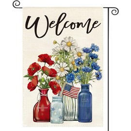 Floral Garden Flag 12x18 Inch Fall Garden Flag for Outside Mason Jar Flowers Red Blue Patriotic Yard Flag Double Sided Burlap Decorations