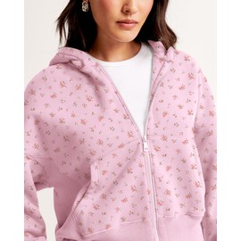 Cioatin Women Zip Up Crop Hoodies Jacket Loose Fit Fleece Sweatshirt Y2K Ditsy Floral Pullover Aesthetic Girls Clothes Fall Pink