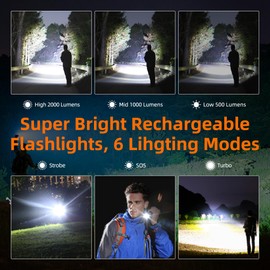 SuperFire Flashlights High Lumens Rechargeable, 2000 Lumens Super Bright LED Emergency Tactical Flashlight,5 Light Modes LED Camping Flashlights for Home, Mechanic, Hiking(Y16)
