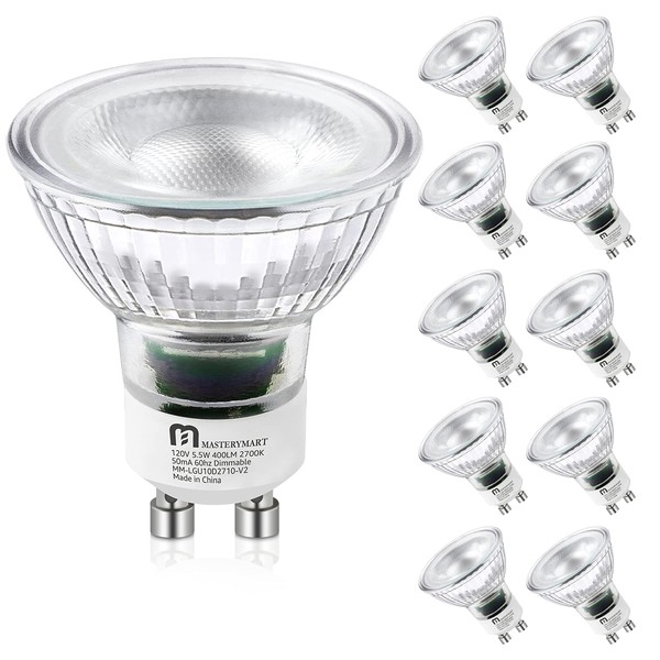 MASTERY MART LED GU10 LED Light Bulbs, 50 Watt Halogen Equivalent, 5.5W Dimmable, MR16 Spot G10 LED Flood Light Bulbs Replacement for Recessed Track Lighting, 2700K Soft White, 10 Pack