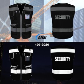 TCCFCCT Security Vest for Security Guard 9 Pockets High Visibility Reflective Safety Vest for Men Women, Durable Hi Vis Vest with Reinforced Sewing, Meets ANSI/ISEA, (G100S-Black, M)