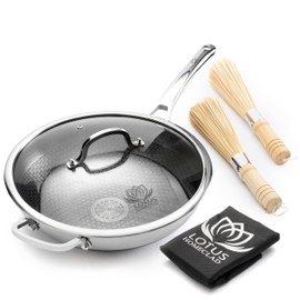 Lotus Homeclad Hybrid Wok Pan, 12-Inch Woks & Stir-Fry Pans Nonstick, Stainless Steel Cookware, Induction Wok With Lid, PFOA Free, Dishwasher Safe Cooking Pan For All Cooktops, Bonus Bamboo Dish Brush