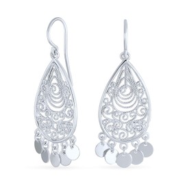 Boho Moroccan Fashion Bali Style Tear Shape Dangling Coins Statement Chandelier Earrings For Women Teen .925 Sterling Silver