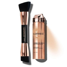 LUMINESS Silk Airbrush Spray Foundation & Buffing Brush Kit – Full Coverage Foundation & Dual-Sided Buffing Brush - Buildable Coverage, Anti-Aging Formula Hydrates & Moisturizes (Shade - Tan Dark)