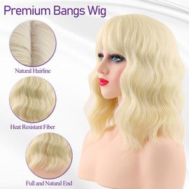 Mxayhnajxl Blonde Wigs with Bangs for Women 14 Inch Shoulder Length Short Wavy Bob Wigs With Bangs Curly Wig Heat Resistant Synthetic Wavy Wig Cosplay Wigs