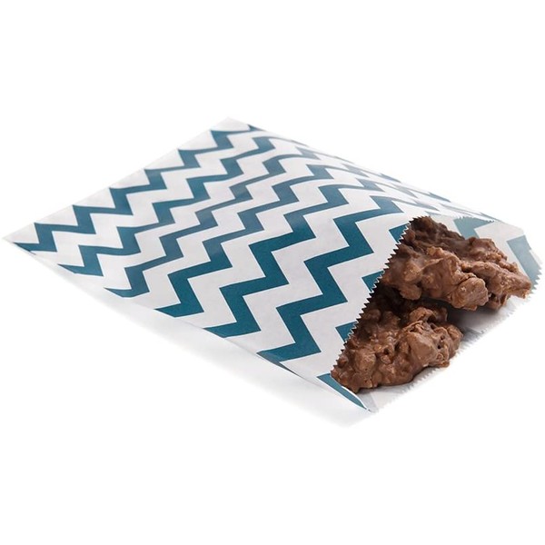 Disposable Paper Bags, Cookie Bags, Deli Bags, Bakery Bags - White with Navy Blue Zig Zags - 7" x 5" - 100ct Box - Restaurantware