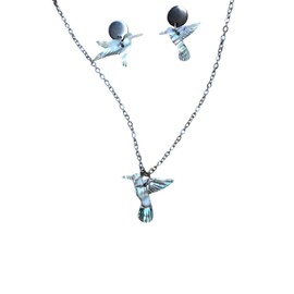 Juego de collar y aretes de colibrí para mujer hecho a mano con cadena de acero inoxidable artesanal (Plata)