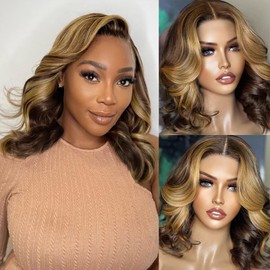 RECOOL Loose Body Bob Wig Highlight Blonde Short Body Wave Human Hair Wig For Black Women 5x6 HD Glueless Lace Front Wigs Pre Plucked with Baby Hair Bleached Knots 4/27 Mixed Color Wigs 14inch