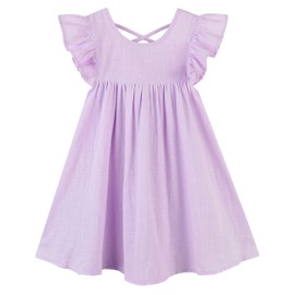 GSVIBK Baby Girls Linen Cotton Dress Halter Flutter Sleeve Casual Dress Toddler Girl Ruffle Sleeve Dress 686 Lavender 120