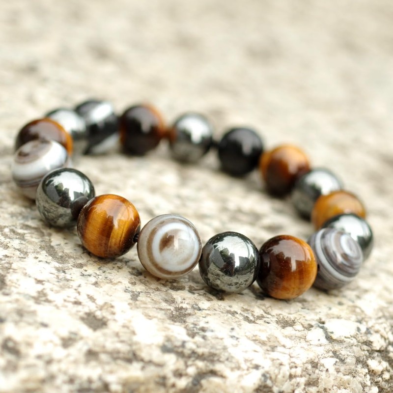 Gold Stone Tiger Eye Hematite Bracelet, 0.5 inches (12 mm),