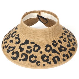 soul young Womens Beach Straw Sun Hats Ponytail Hole Wide Brim Summer Visor Foldable Hat Sun Protection Packable for Travel Pool(One Size,Khaki with Leopard 2)