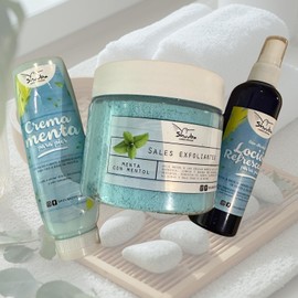 Pies refrescantes y relajados - Crema, Loción y sales refrescantes y exfoliantes, revive a tus pies con un toque de frescura de mentol natural (Relajacion total kit)