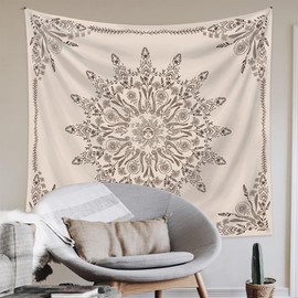 Jhdstore Floral Bohemian Tapestry-Flower Aesthetic Tapestries-Hippie Wall Hanging Boho Tapestry-Small Mandala Room Decor-Tapestries for Bedroom Living Room Dorm Decor (Flaxen, 48L x 36W)