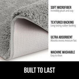 Gorilla Grip Premium Luxury Bath Rug, Absorbent, Soft, Thick Shag, Bathroom Mat Rugs, Machine Wash, Microfiber Dries Quickly, Mats for Bath Room, Shower, Bathtub and Spa Floors, 24x17, Light Gray