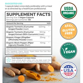 Organic Turmeric Ginger Black Pepper Supplement - High Potency Organic Turmeric Curcumin Capsules with Ginger & Black Pepper for Enhanced Benefits and Absorption - Vegan & Non-GMO (1 Month Supply)