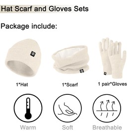 Enwokran 3 In1 Winter Beanie Hat Scarf Gloves Set Thermal Warm Knitted Beanie Cap Soft Fleece Brushed Inner Lining Elastic Circle Neck Warmer Thicken Touchscreen Gloves Winter Set (Off White)
