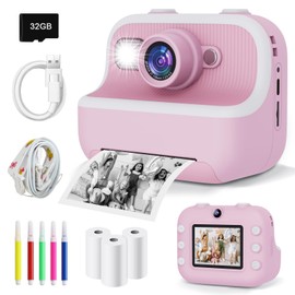 PTHTECHUS® cámara para niños de impresión instantánea con Tarjeta SD de 32 GB y Papel de impresión, cámara Digital de Selfie, Regalo de Juguetes para niños pequeños para niñas de 3 a 15 años (Rosa)