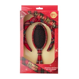 CONAIR Spa Tartan Headband & Detangle Cushion Brush 2pk Set - Make up headband - spa headband for washing face - Bubble headband - Makeup headband - GRWM headband - Gifts for girls - holiday gifts