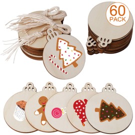 SAVITA 60 Pieces Wooden Christmas Baubles, Round Wooden Discs, Wooden Blanks, Christmas Decorations to Paint for DIY Crafts, Christmas Tree Decorations, Hanging Decorations for Holiday
