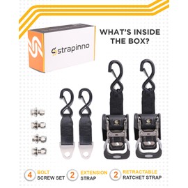 Strapinno 2PCS Stainless Steel Retractable Ratchet Straps (1 7/8 in x 4 ft) Heavy Duty Transom Tie-Downs with Extension Straps, Bolt Set & Safety Latch S-Hooks,for Boat,Break Strength 1,650LBS/750KG