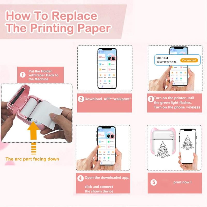 Portable Thermal Printer, 1 Set USB Charging Mini Printer, Small Pocket