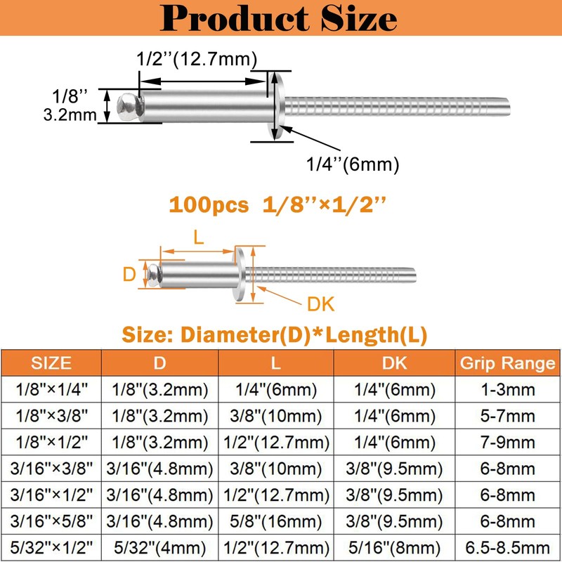 Sunxeke 100pcs 1/8" x 1/2" Stainless Steel Blind Rivets, 3.2
