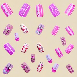 Valentine's Day Square Press on Nails Short Fake Nails Pink Purple Glue on Nails Matte Acrylic False Nails with Heart Stripes Designs Cute Artificial Nails Stick on Nails for Women 24Pcs