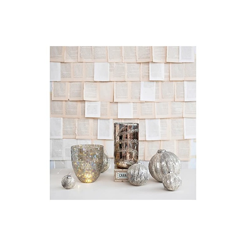 Creative Co-Op Etched Glass Hurricane, Antique Silver Finish