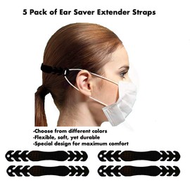 [5 Pack] Black Flexible Plastic Ear Saver Extenders, Soft TPE Silicone, Durable, Bendable Comfortable Reusable Adjustable for Different Sizes and Comes in Many Colors.