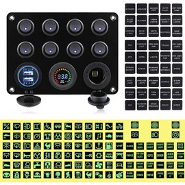 Riloer Panel with 8 Rocker Switches 12-24 V with Dual USB Connection, 12 V Digital Voltmeter, Socket - for Car, Boat and Truck