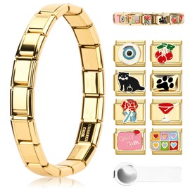 Italian Charm Bracelet Gold, Italian Charms Bracelet Set, DIY Removable Modules for 9 mm Bracelets, Italian Charm Bracelets Gold Charms with Opening Tool for Girls Boys Gift (A)