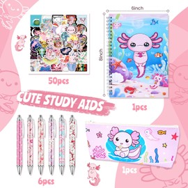 Cute Axolotl Stationery Gift Set, 4 pcs Axolotl Stuff Includes Pink Pouch, Stickers, Pens and A5 Notebook for Girls Gifts