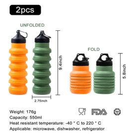 MFCGHXR 2 Stück faltbare Trinkflasche Silikon, zusammenklappbare Wasserflasche, Silikon-Trinkflasche, tragbare Wasserflasche für Outdoor, Reisen, Radfahren, Wandern (dunkelgrün, orange)