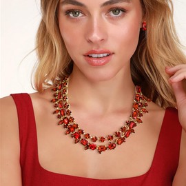 Flyonce Wedding Party Costume Statement Jewelry Sets, Red Rinestone Multi Layered Chunky Collar Necklace Stud Earrings Set