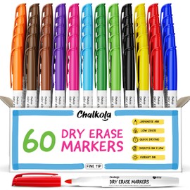 Chalkola 60 Fine Tip Dry Erase Markers Bulk (60 Pack, 12 Colors) | Non toxic, Low Odor Whiteboard Markers for Kids, Teachers, Office, School, Classroom Supplies - Thin Point White Board Dry Erase Pens