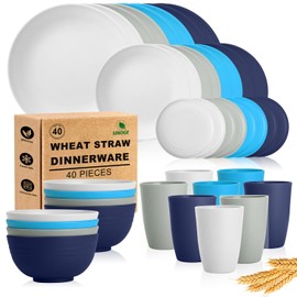 SINOGE 40 PCS Wheat Straw Dinnerware Sets | Service for 8 | Unbreakable Plates and bowls sets with Drinking Glasses Dishwasher Safe Bowls Dishes for Camping, Picnic, Outdoor - Coastal Feast