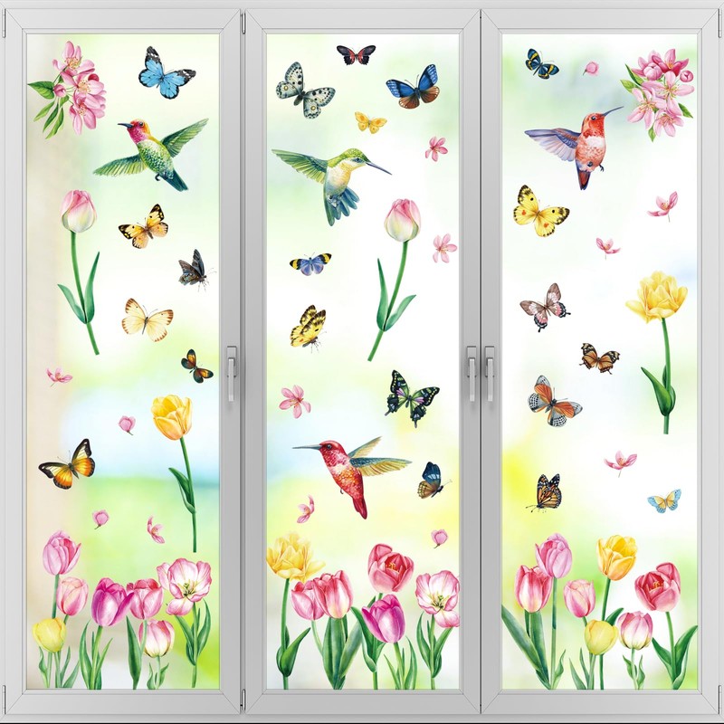 Konsait 9 Sheets Spring Flower Window Clings, Large Removable Butterfly