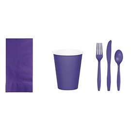 Baxters Party Bundles Bulk, Regal Purple, 50 Count Paper Dinner Napkins, 48 Count 9 Ounce Paper Hot/Cold Cups, Heavyweight Plastic Cutlery for 48 People, Box of 242