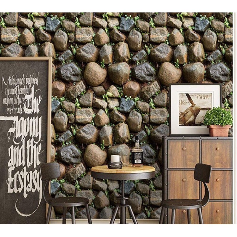 Yancorp 10ft Self-Adhesive Wallpaper Brown Stone Brick Wallpaper Fireplace Kitchen