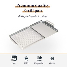 GOURMEO BBQ Grill Basket Set of 2 - Stainless Steel Baskets for Outdoor Grilling - Barbecue Vegetable and Meat Tray with Holes