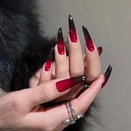 MISUD Press on Nails - Long Stiletto Glue on Nails with Gothic Red Black, Acrylic Goth Vampire Design 24 pcs