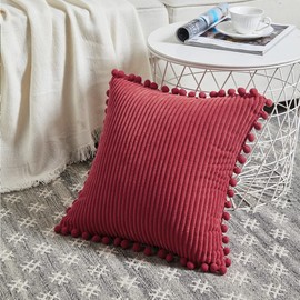 Fancy Homi 2 Packs Christmas Burgundy Decorative Throw Pillow Covers 18x18 Inch with Pom poms, Christmas Home Decor, Soft Corduroy Square Cushion Case for Living Room Couch Bed 45x45 cm