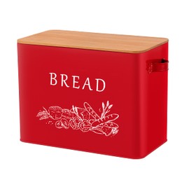 TeamFar Bread Box with Wooden Lid, 13.1” x 7.2” x 9.7” Metal Bread Container Storage Holder for Family Farmhouse Kitchen Countertop, Powder-Coated & Healthy, Large Capacity & Classic Pattern (Red)