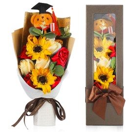 Swiffen 13" Graduation Rose Sunflower Scented Soap Flower Bouquet Graduation Artificial Flower Bouquet Mini Plush Graduation Bear Bouquet Floral Arrangements Gift Box for Graduation Party (Red)